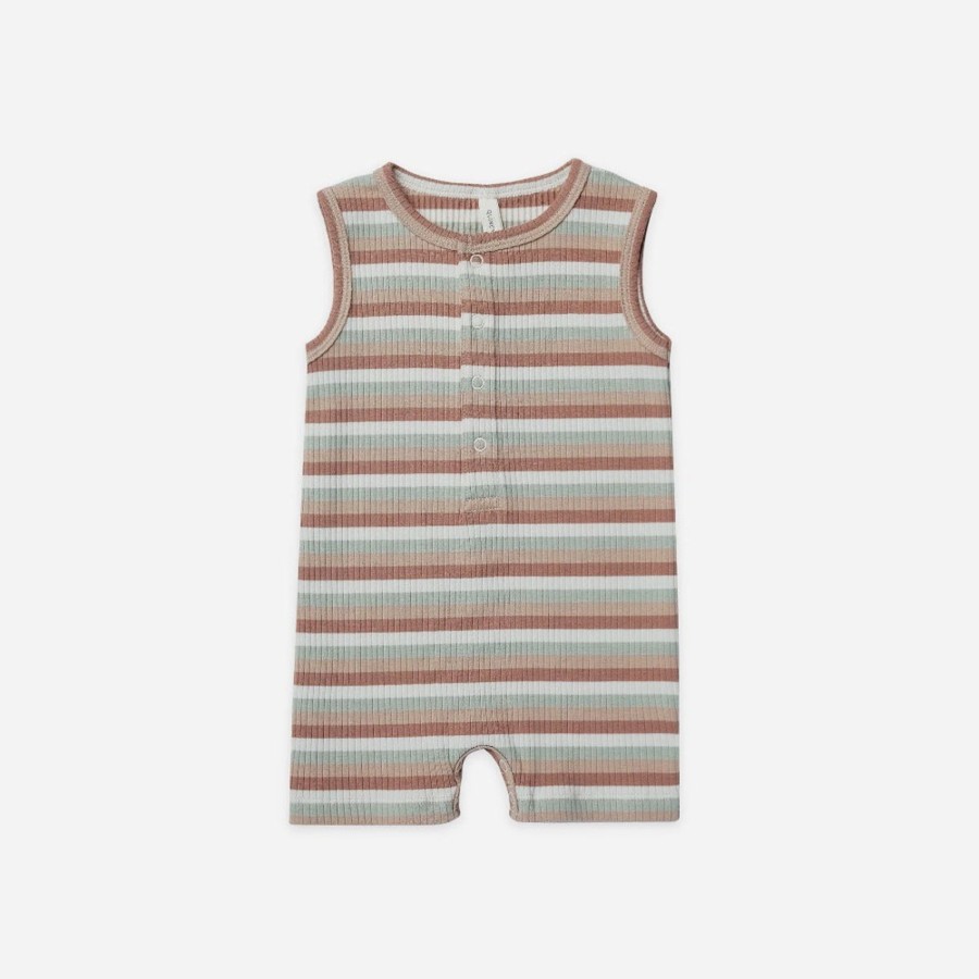 Wear Quincy Mae | Quincy Mae Ribbed Henley Romper, Summer Stripe | Mellow