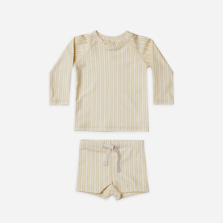 Wear Quincy Mae | Quincy Mae Boys Rashguard + Short Set, Vintage Stripe | Mellow