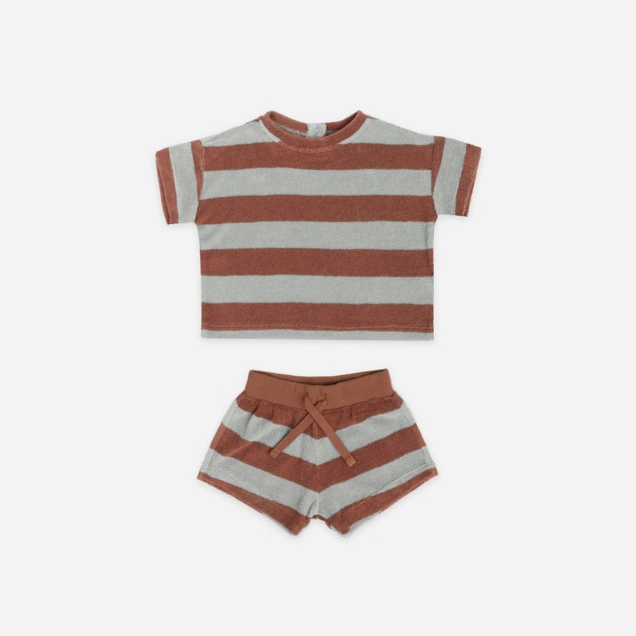 Wear Quincy Mae | Quincy Mae Terry Tee + Shorts Set, Sienna/Sky Stripe | Mellow