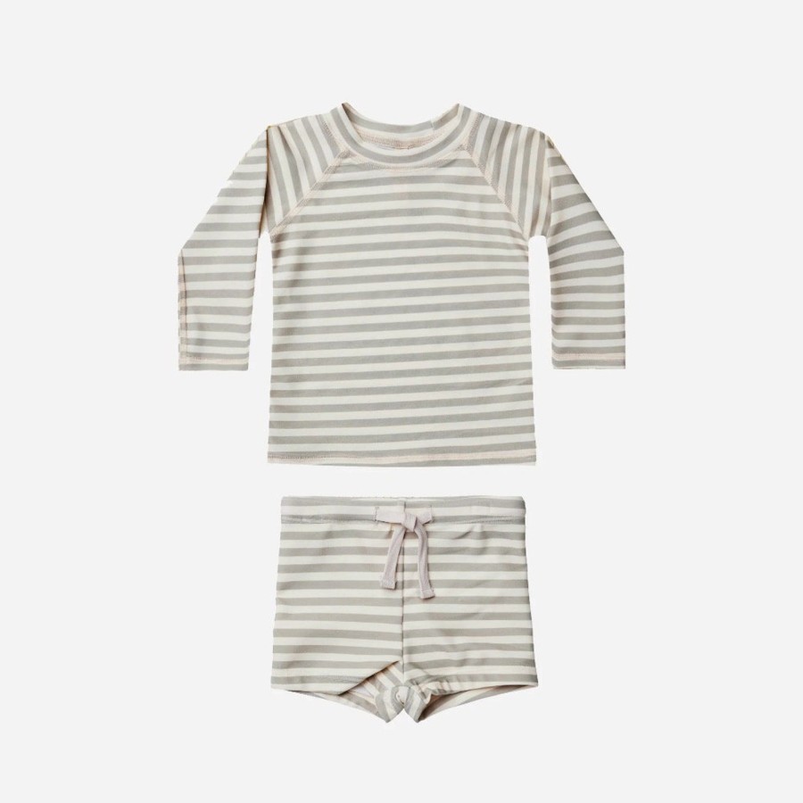 Wear Quincy Mae | Quincy Mae Boys Rashguard + Short Set, Pistachio Stripe | Mellow