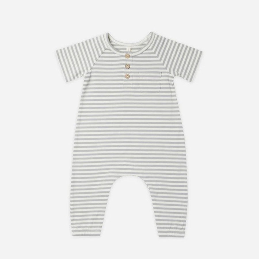 Wear Quincy Mae | Quincy Mae Short Sleeve Jumpsuit, Dusty Blue Stripe | Mellow